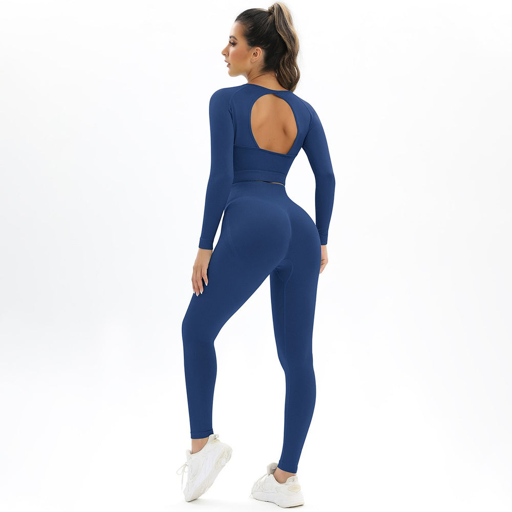 Peach Seamless Knitting Backless High Elastic Long Sleeve Yoga Suit Sports Running Fitness Two-Piece Set For Women