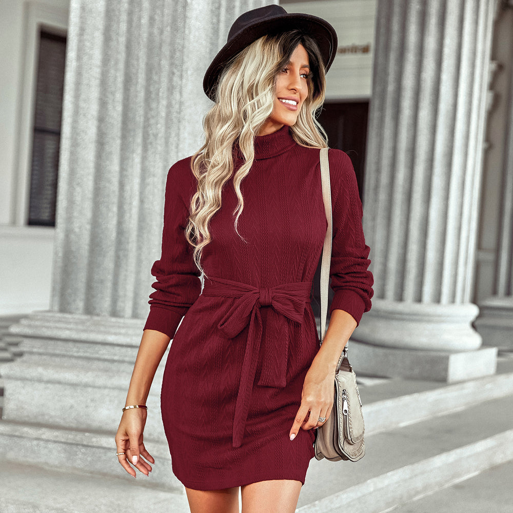 Autumn and Winter New Embroidery Skirt Women's Warm High Neck Lace up Hip Wrap Dress