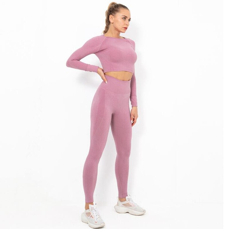 Women Seamless Yoga Set squat proof High Waist Gym Leggings + Shirts Suit Long Sleeve tops Fitness Workout Sports Sets
