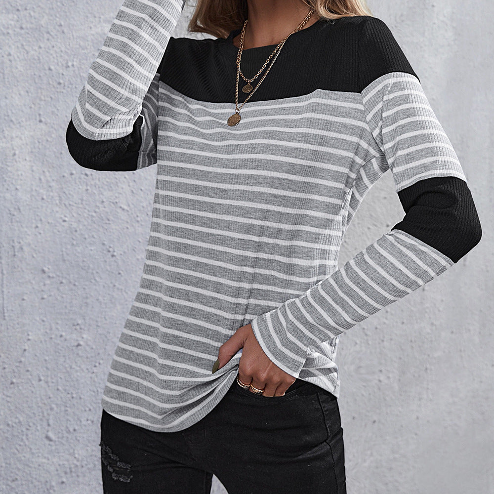 Women's Spring And Summer Ins Striped Cotton T-Shirt Women's Temperament Long-Sleeved Round Neck Pullover All-Match Bottoming Shirt