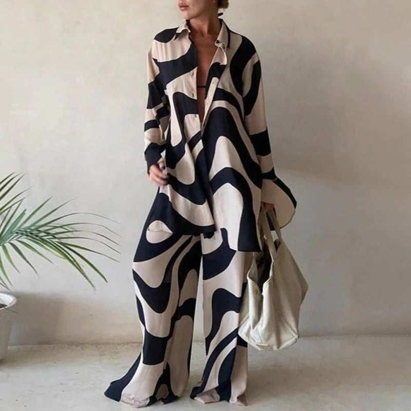 New European and American printed suit loose long-sleeved v straight pants dress