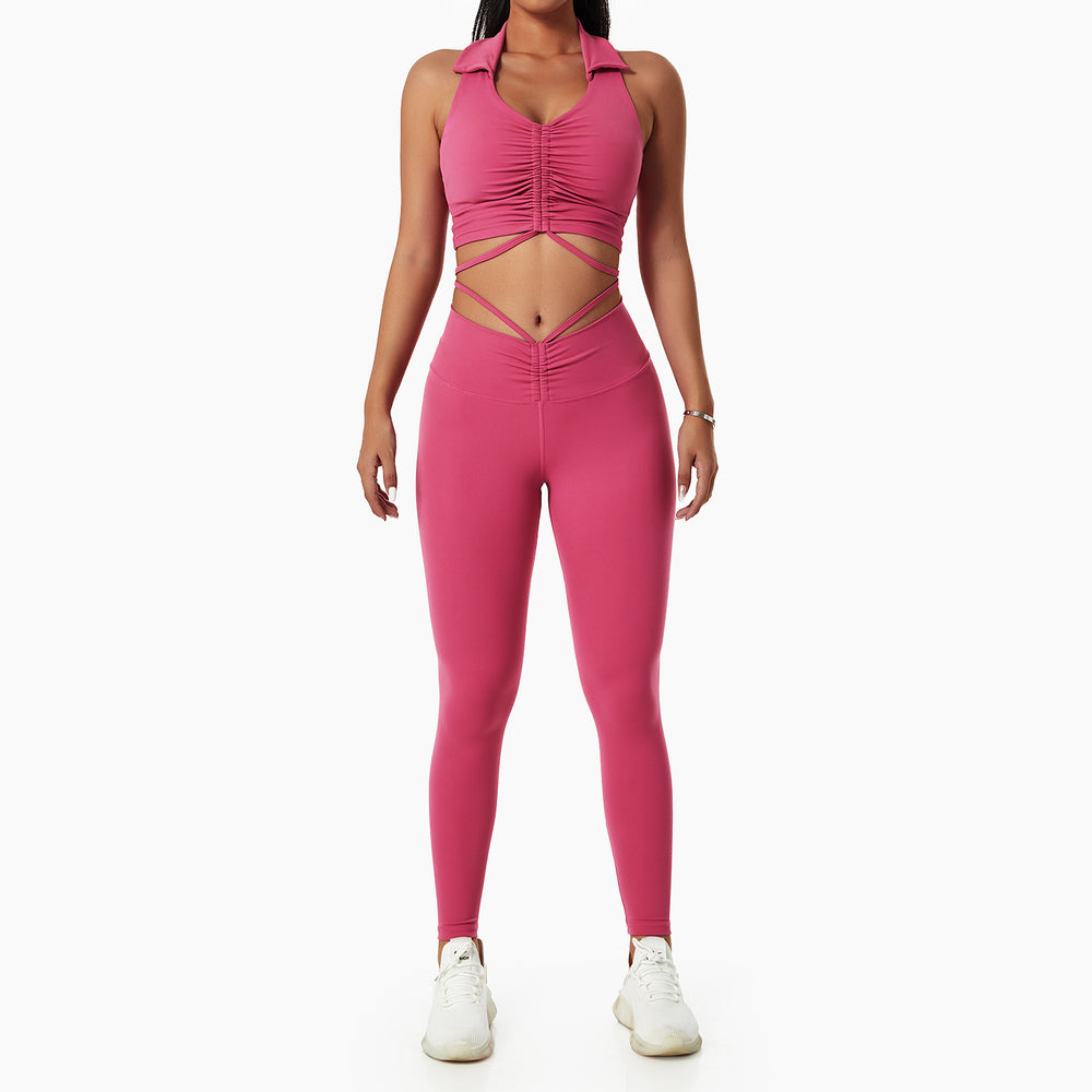 European and American Yoga Suit Women's Fashion Gym Net Red Drawstring Collar Sports Fitness