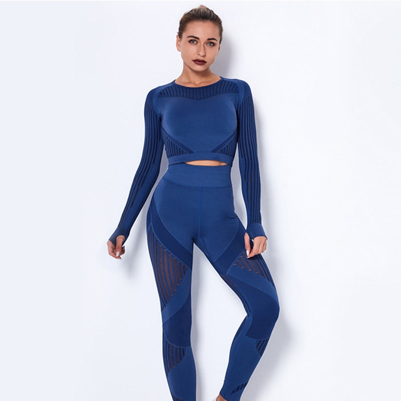 Yoga Set Seamless Fitness Crop Top Women Long Sleeve Gym Clothing Push Up High Waist Pants Workout Sportwear Running Suit