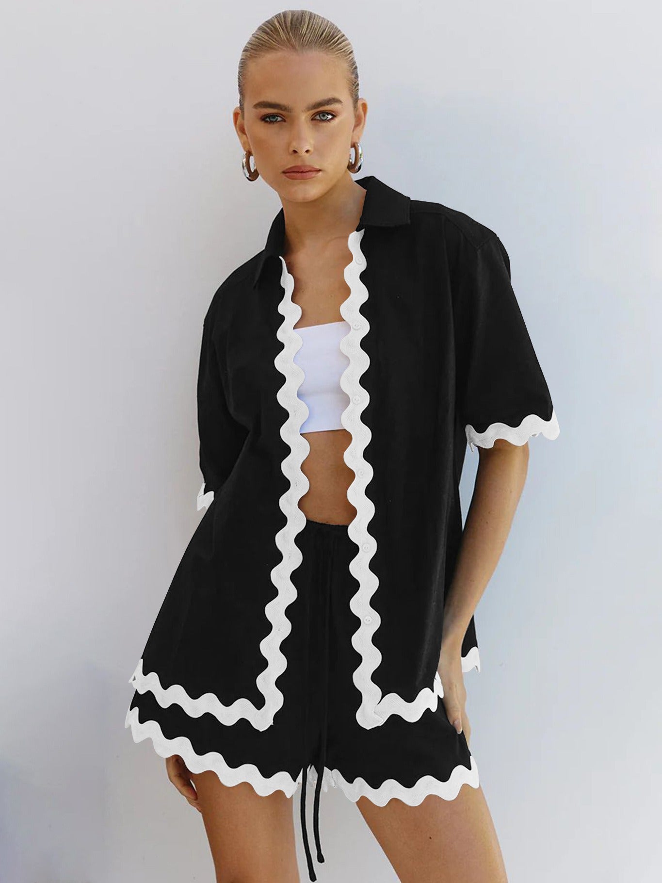 Fashion suit for women European and American short-sleeved button-down shirt casual loose shorts two-piece suit