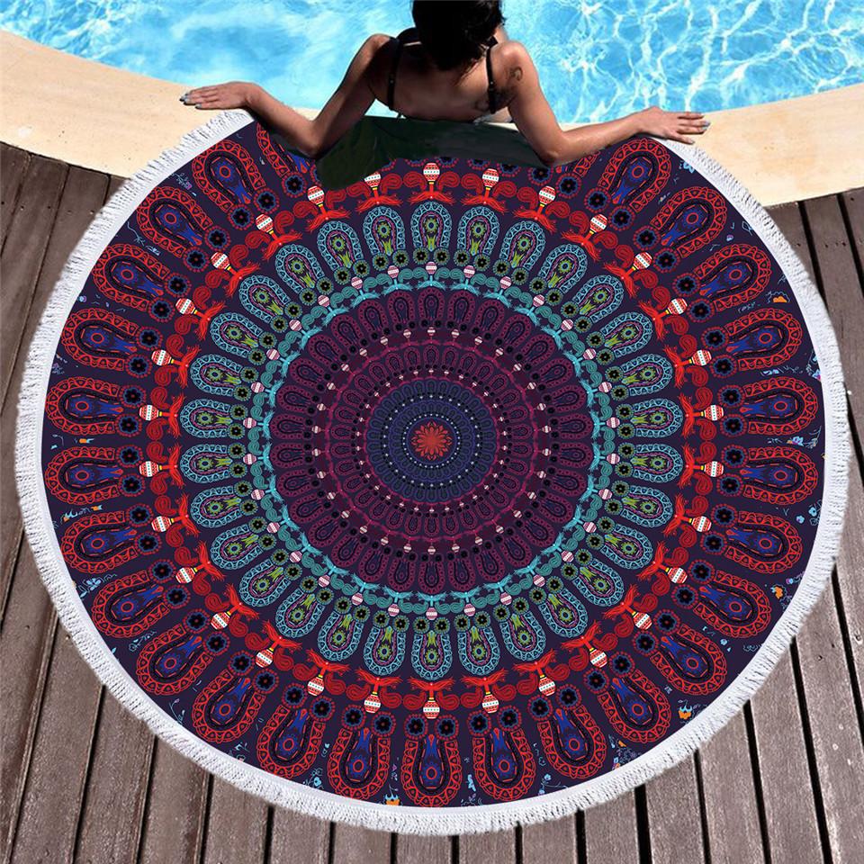 Tassel Mandala Tapestry Bohemian Purple Round Beach Towel Yoga Mat Floral Toalla Sunblock Boho Style Blanket