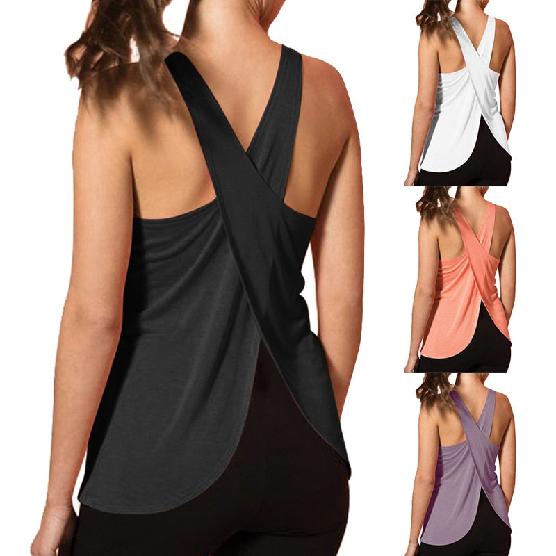 Women Quick Dry Cross Back Yoga Shirts Sleeveless Fitness Sport T-Shirt  Workout Running Tank Tops