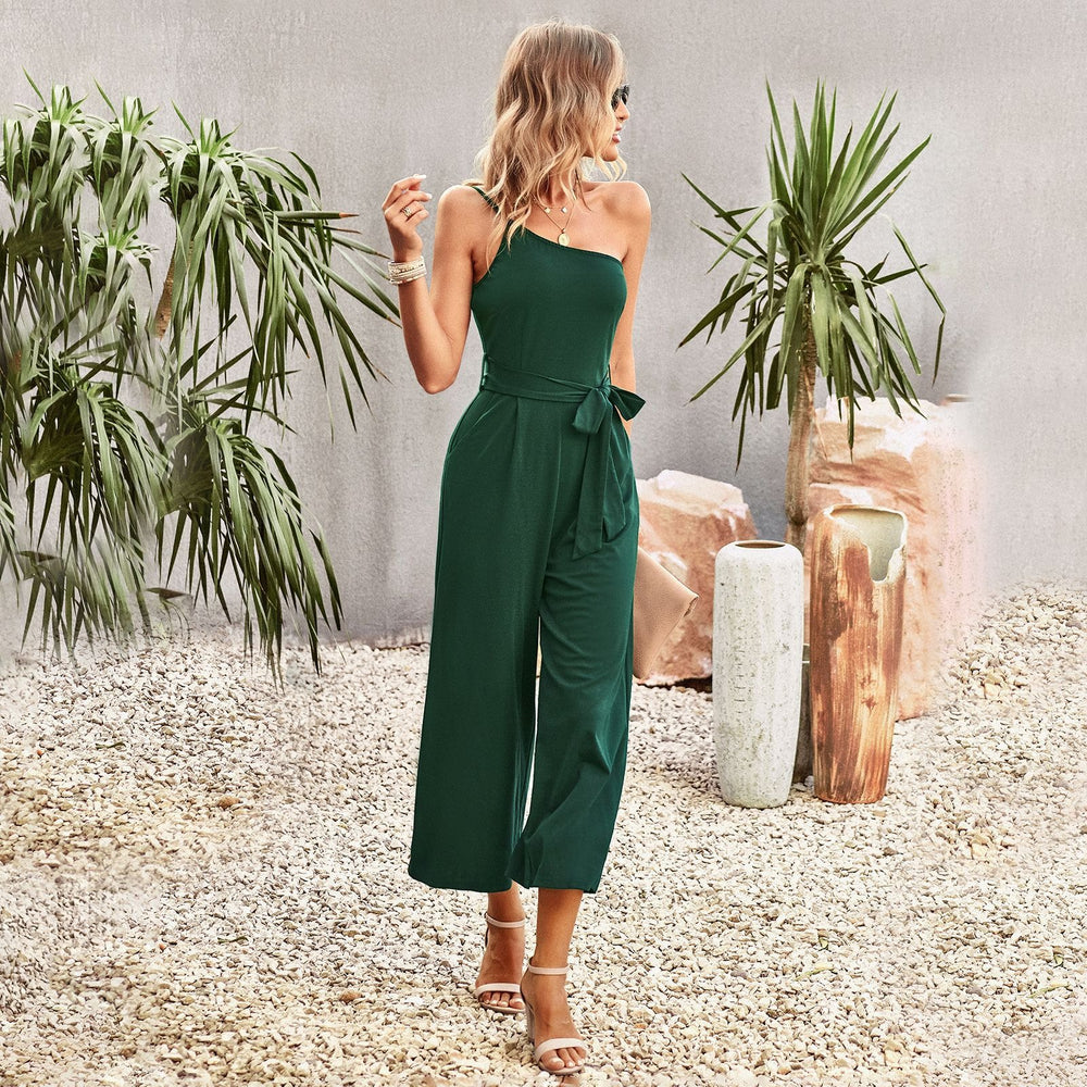 Off-shoulder strapping jumpsuit women's spring and summer temperament commuting solid color straight pants