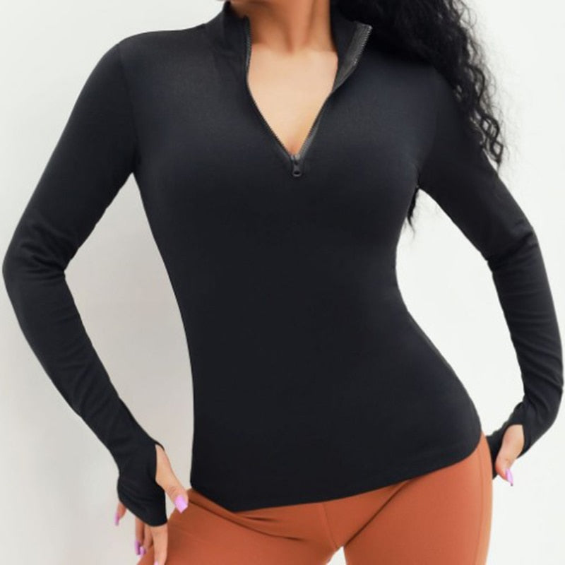 SALSPOR Sexy Women Yoga Top Sport Zipper Long Sleeve Yoga Shirt With Thumb Holes Solid Quick Dry Breathable Gym Fitness Shirt