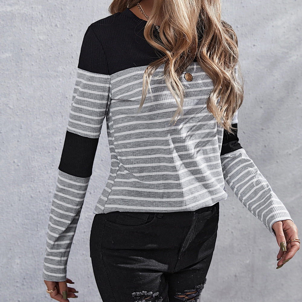 Women's Spring And Summer Ins Striped Cotton T-Shirt Women's Temperament Long-Sleeved Round Neck Pullover All-Match Bottoming Shirt