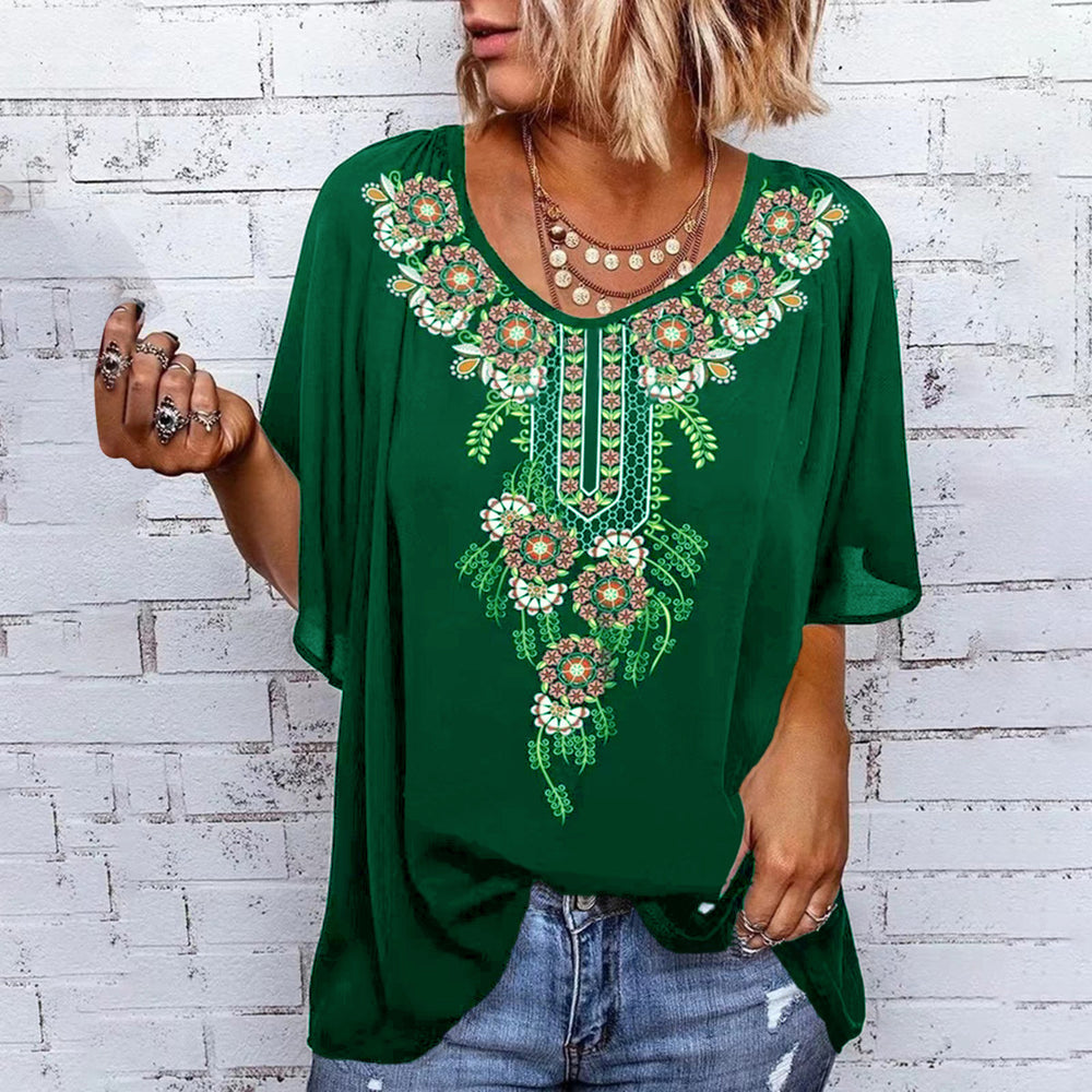Spring And Summer New Women's Clothing Print Ethnic Style Lotus Leaf Sleeve Top T-Shirt Women