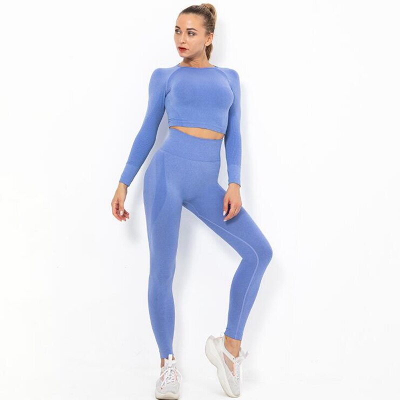 Women Seamless Yoga Set squat proof High Waist Gym Leggings + Shirts Suit Long Sleeve tops Fitness Workout Sports Sets