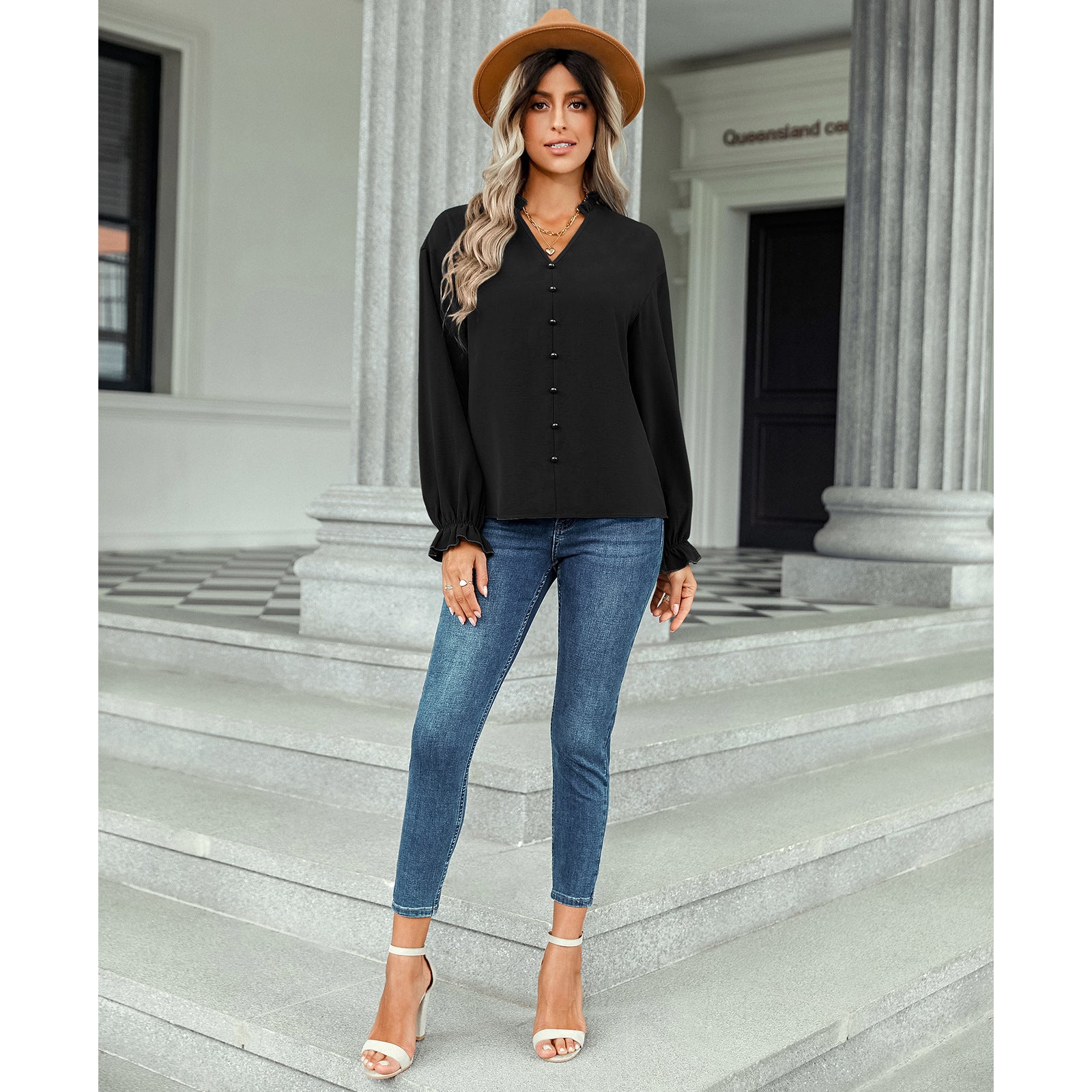 Autumn And Winter New V-Neck Tops Women's Fashion Button-Decorated Solid Color Shirts