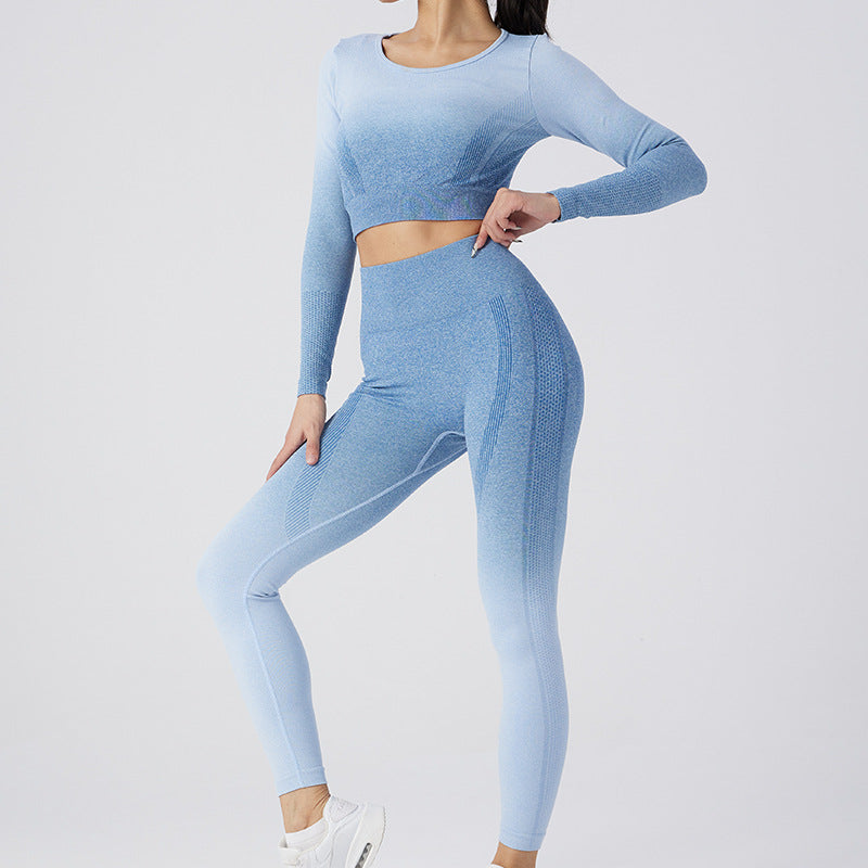 Seamless Knitted Tight Fitness Pants Running Fast Dry Sports Long Sleeve Gradual Change Yoga Suit