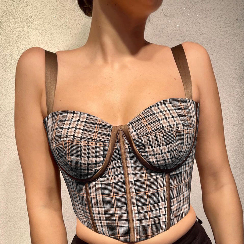 Plaid Breast Suspender Top Women's Autumn Pastoral Sexy Short Vest