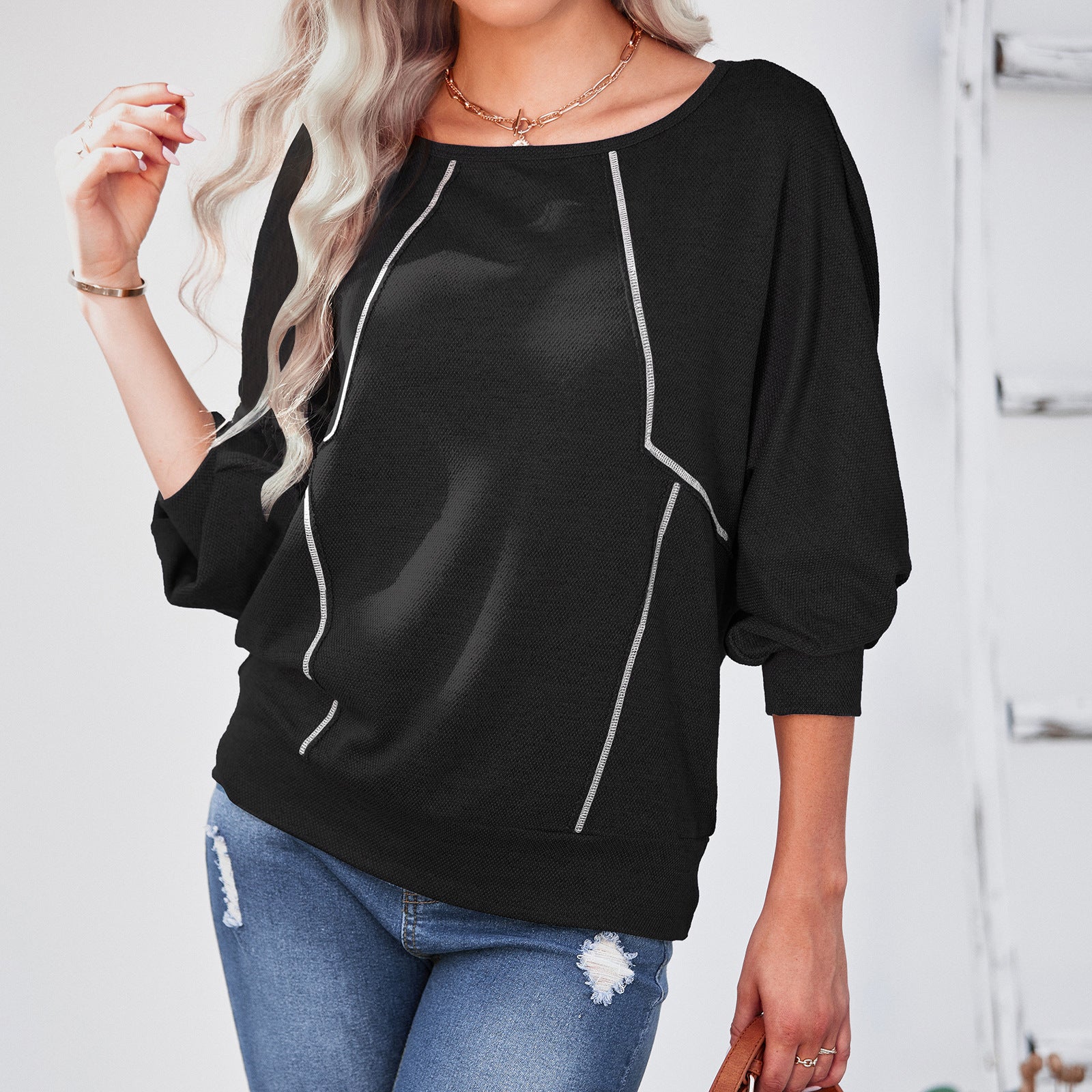 New Round Neck Loose Long Sleeve Pullover Bottoming Shirt Stitching T-Shirt Top