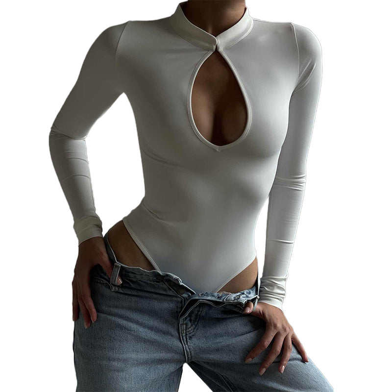 Autumn and Winter New Women's Fashion Stand Neck Sexy Low cut Slim Bodysuit Long Sleeve T-shirt