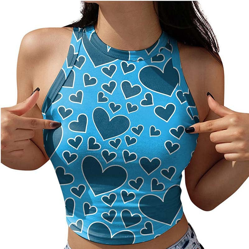 European And American Spring And Summer Print Round Neck Sleeveless Casual Vest Crop Top Women's Ins