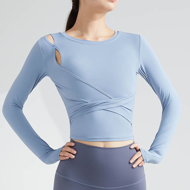 Breathable Yoga Top Women's Long Sleeve Waist Shrinking Slim Outdoor Running T-Shirt Cross Back Fast Drying Fitness Shirt
