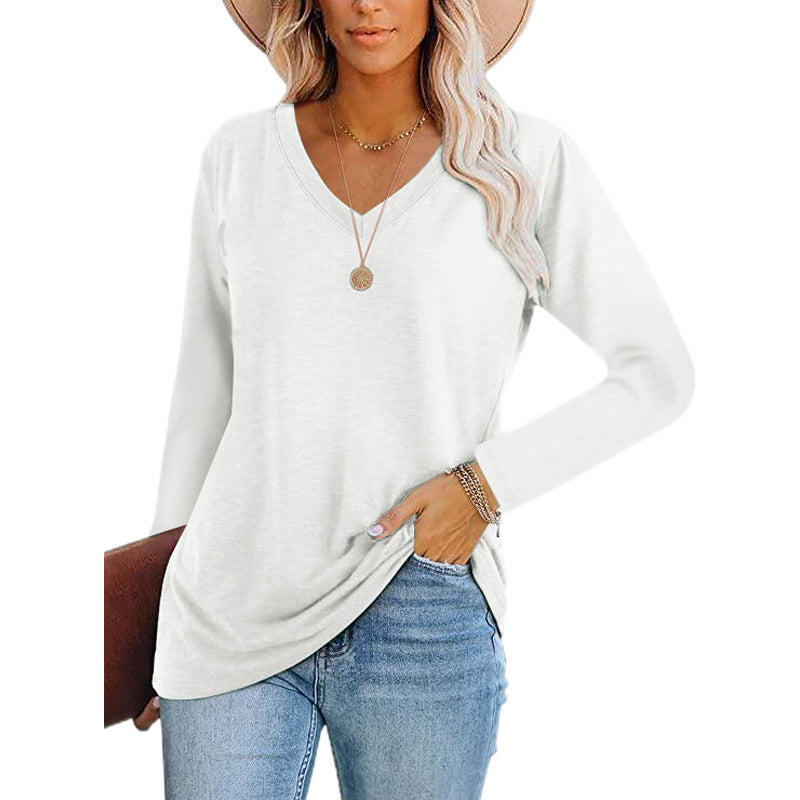 Autumn And Winter New Women's V-Neck Pullover Long Sleeved T-Shirt Bottoming Shirt Top Mid Length Loose