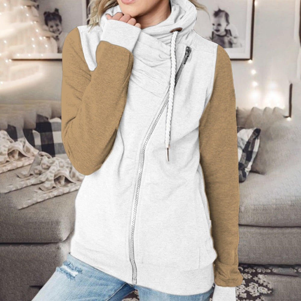 Autumn And Winter New Color Blocking Multicolor Personality High Neck Zipper Plush Sweater For Women