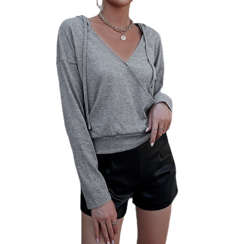 V-neck long-sleeve pullover hooded casual sweater Loose T-shirt top