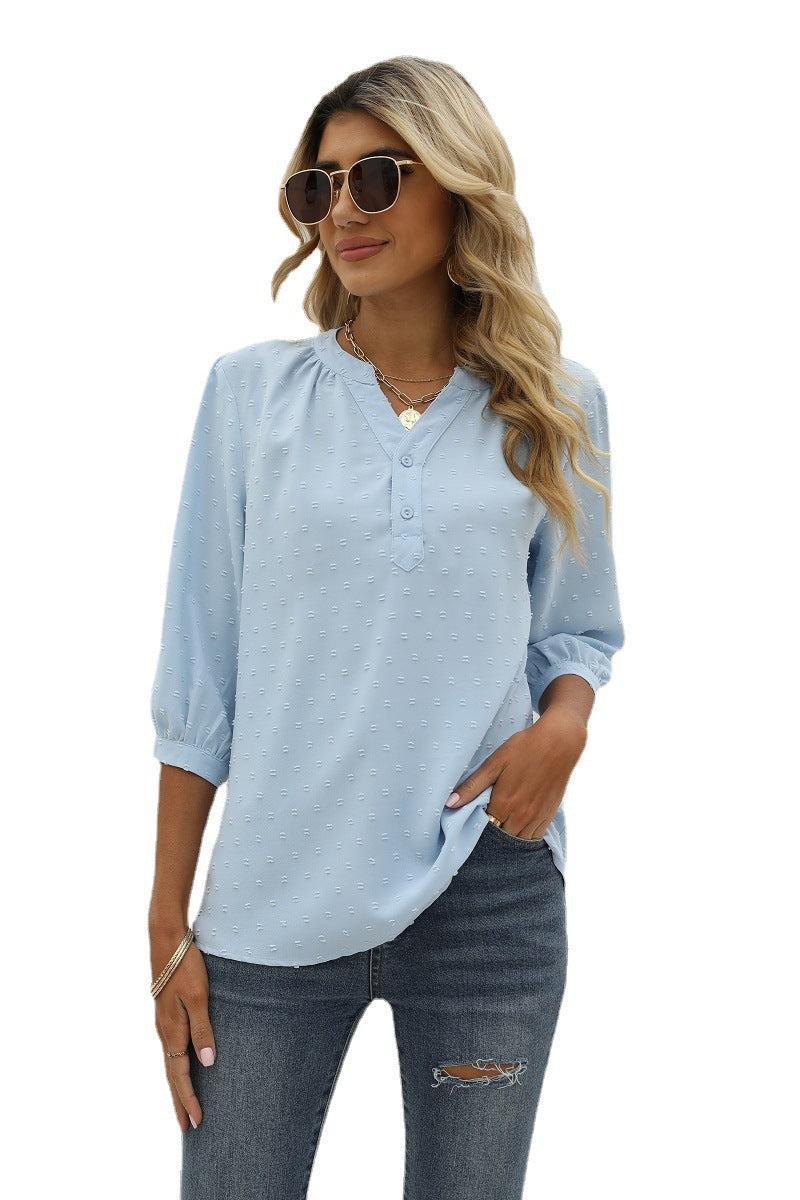 Women's New Stand-Up Collar Mid Sleeve Shirt Jacquard Fur Ball Casual Loose Top