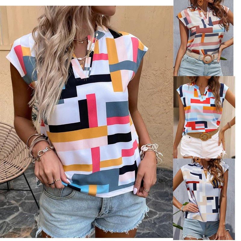 Summer New Geo Print Notch Neck Doll Sleeve V-Neck Pullover Women's Top