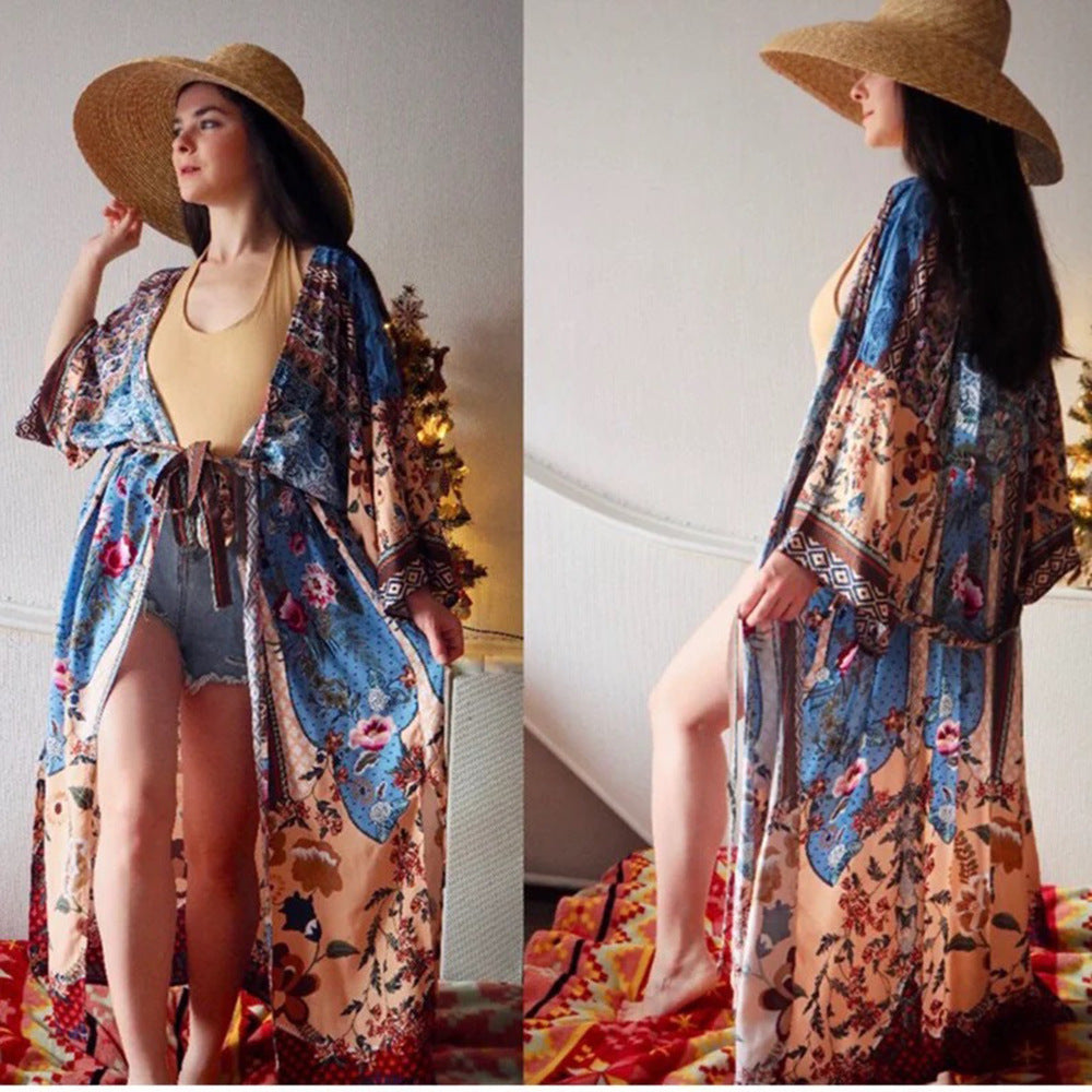 Holiday Sunscreen Cardigan Kimono Quick-Drying Print Loose Beach Bikini Cover Swimsuit Top