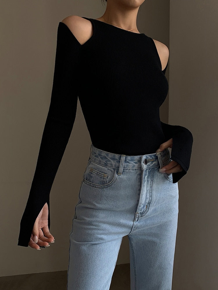 Fashion Women's T-Shirt New Solid Color Long Sleeve O-neck Off The Shoulder Slim Knitting Tops Female Autumn