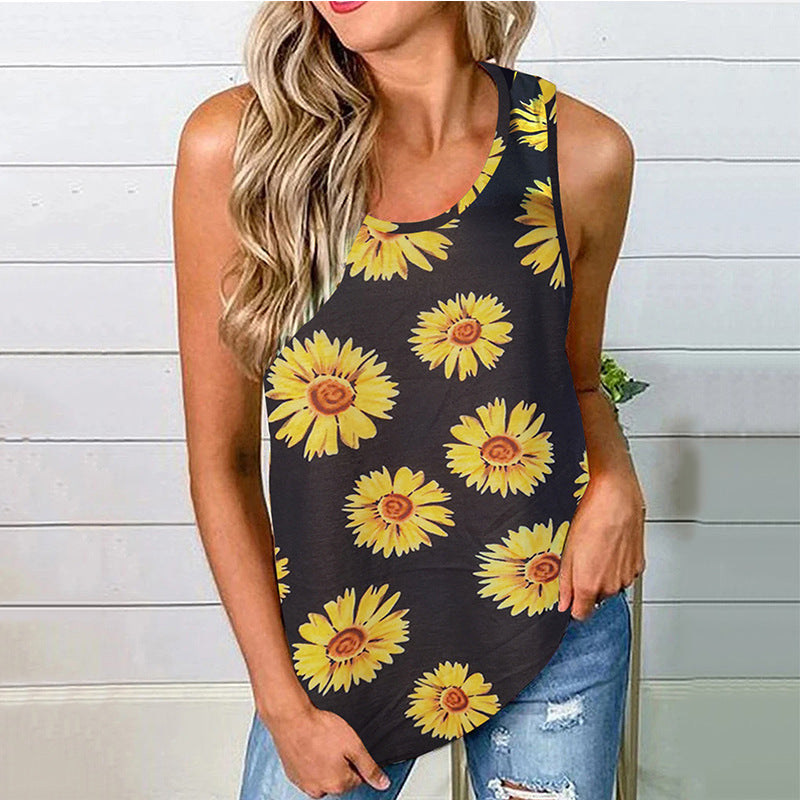 Summer New Vest T-Shirt Women's U-Neck Leopard Print Sunflower Print Backless Hollow Sleeveless Top Women