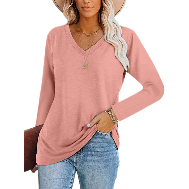 Autumn And Winter New Women's V-Neck Pullover Long Sleeved T-Shirt Bottoming Shirt Top Mid Length Loose