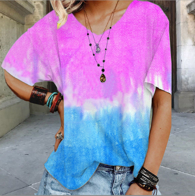 Women's Summer New Gradient Print Loose T-Shirt Top