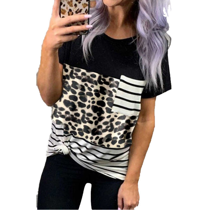 Women's New Short Sleeve T-Shirt Summer Round Neck Pullover Leopard Print Stitching Top