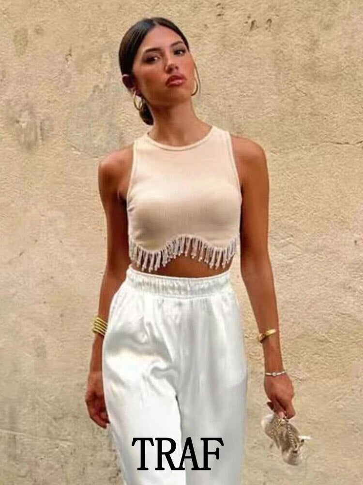 New Jewelry Inlay Vest Short Top Woman Fashion Sleeveless Round-Neck Causal Slim Shiny Femel Vest Tops