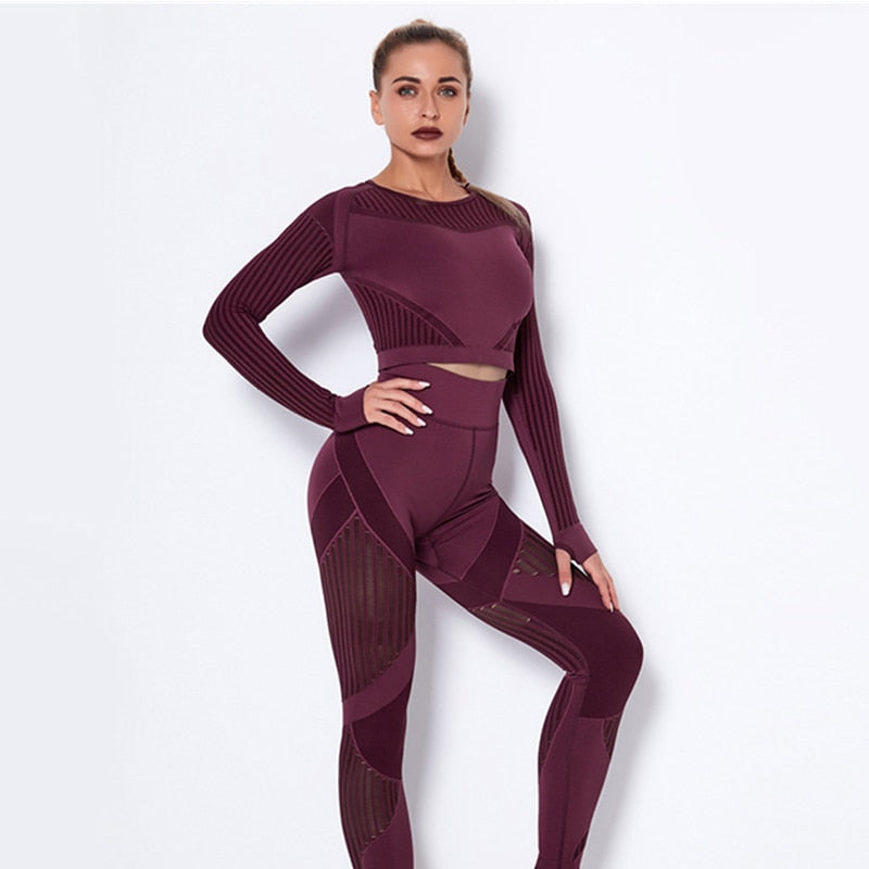 Yoga Set Seamless Fitness Crop Top Women Long Sleeve Gym Clothing Push Up High Waist Pants Workout Sportwear Running Suit