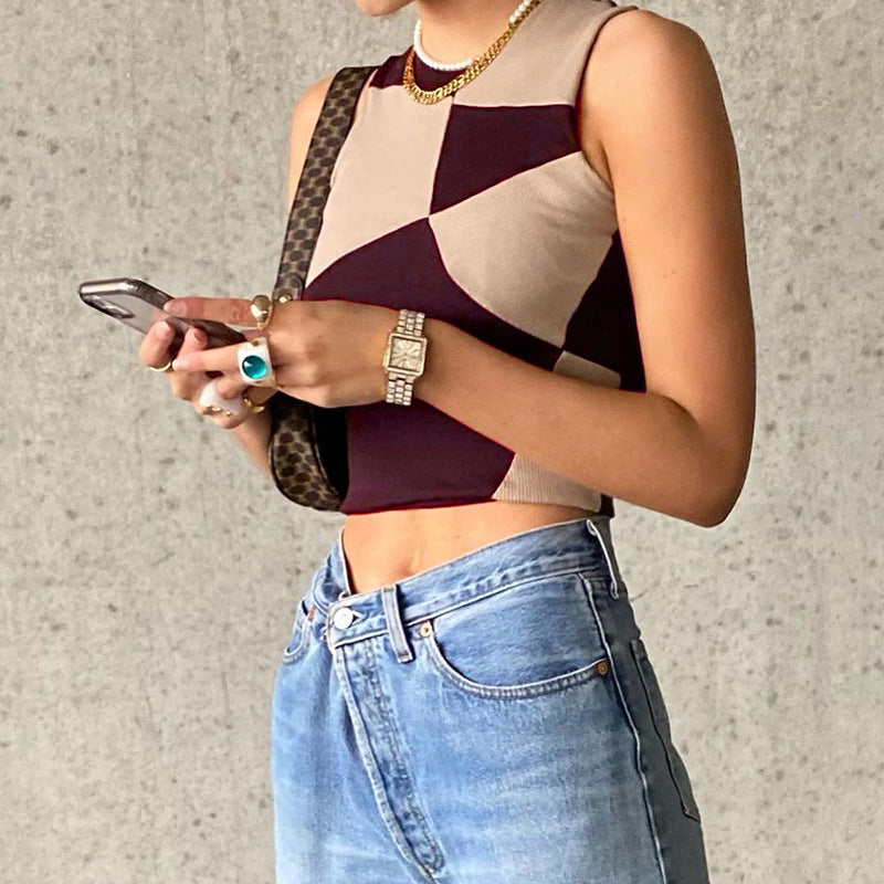 Summer New Style Contrast Color Stitching Sleeveless Fashion Simple Vest Top Women's Clothing