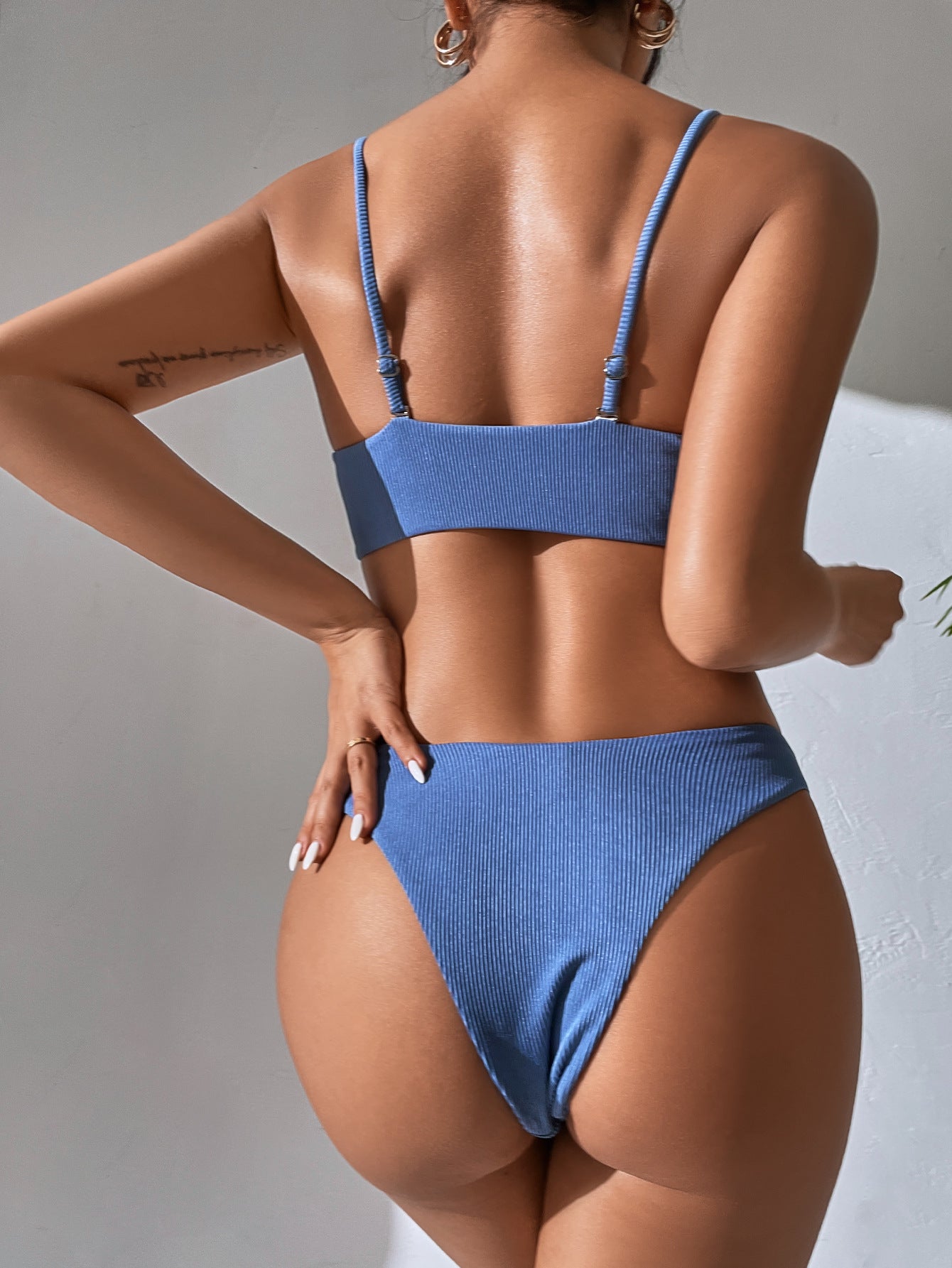 Ins Swimsuit V-Neck Underwire Fine Rib Fabric Solid Color Split Bikini