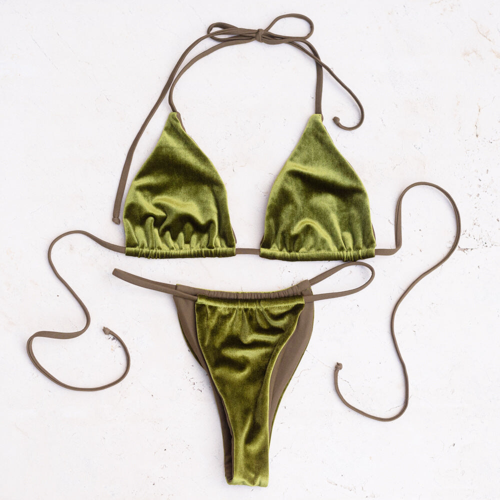 New Gold Velvet Solid Color Swimsuit Feminine Triangle Split Bikini Swimwear