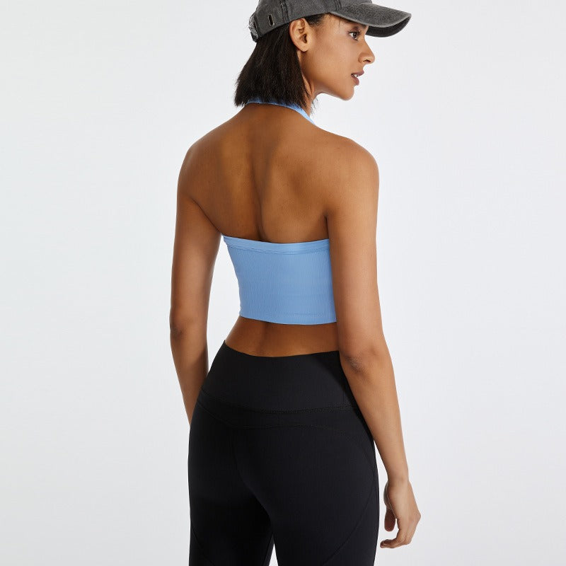 New Fitness Sports Bra Underwear Women Ribbed Hanging Neck Shock Absorbent Yoga Tank Top