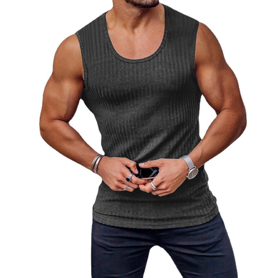 Summer Knitted Vertical Bar Fitness Sports Leisure Fit Tank Top Mens Sleeveless Wide Shoulder Tank Top Mens