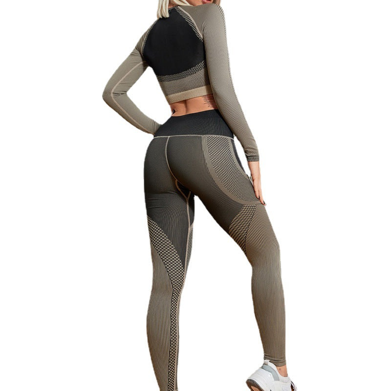 New Spring Color Matching Seamless Fitness Suit Women's Long-Sleeved Tight Fitting High Waist Running Yoga Suit