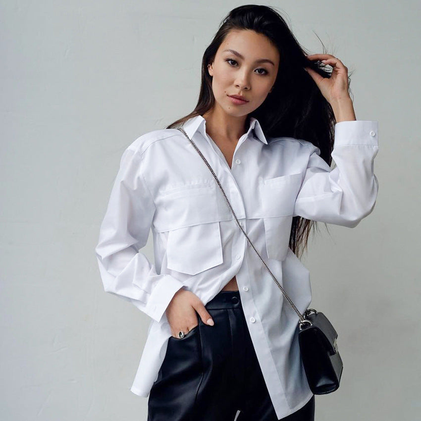 Design Sense Niche White Shirt Top Women's New Spring Long Sleeve Double Pocket Shirt