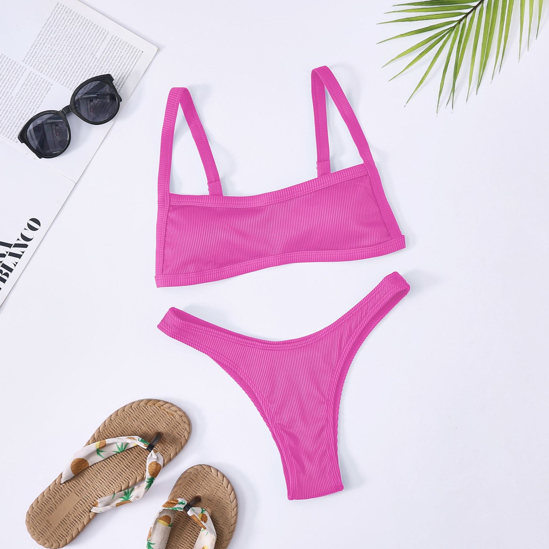 Swimsuit Ins Women's Beach Bikini Solid Color Ribbed Split Backless Swimsuit