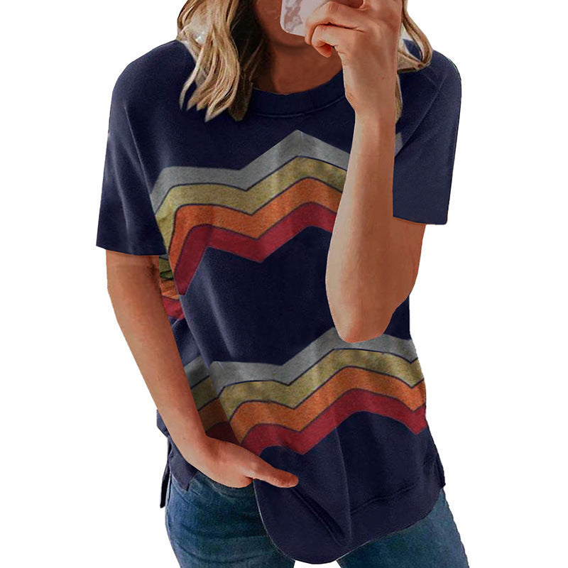 Women's Spring And Summer New Round Neck Short-Sleeved Printed T-Shirt Slit Top