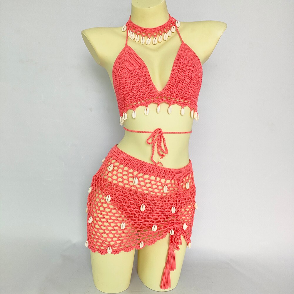 Woman Bikini Set Crochet Shell Tassel Top Sexy Thong Bottom See-Through Hollow Out Bandage High Waist Short Beach Skirt