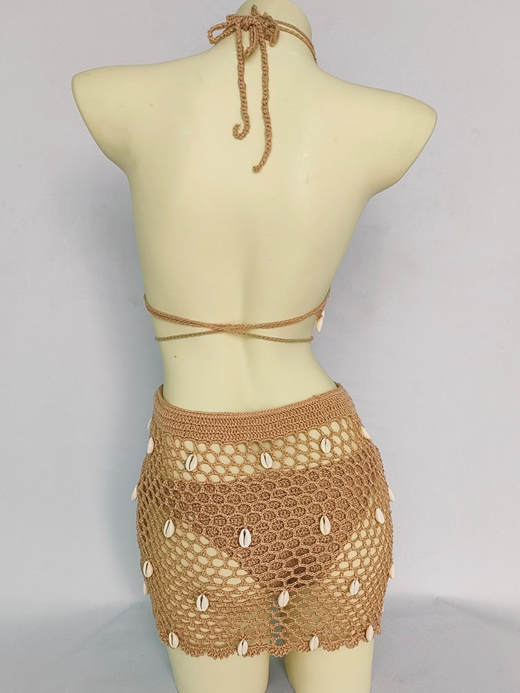 Woman Bikini Set Crochet Shell Tassel Top Sexy Thong Bottom See-Through Hollow Out Bandage High Waist Short Beach Skirt
