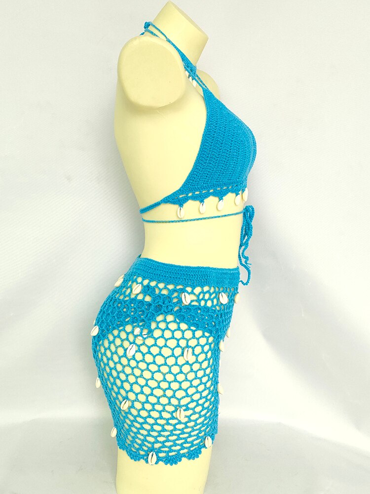 Woman Bikini Set Crochet Shell Tassel Top Sexy Thong Bottom See-Through Hollow Out Bandage High Waist Short Beach Skirt