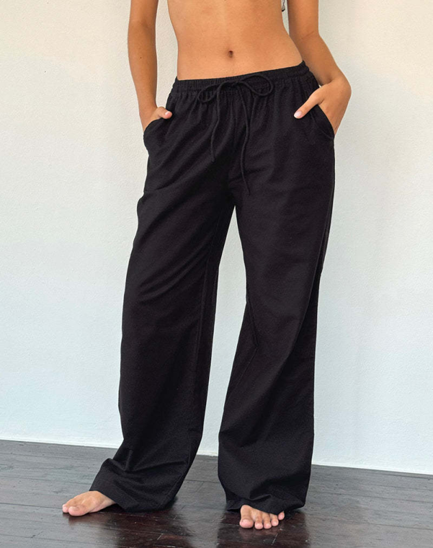 Striped drawstring casual loose straight-leg home trousers
