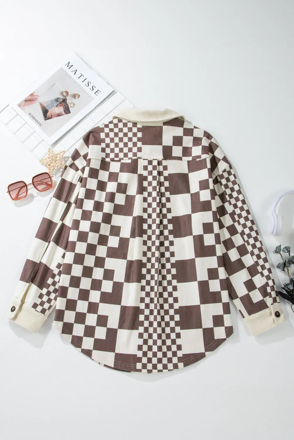 Pocketed Checkered Button Up Long Sleeve Jacket