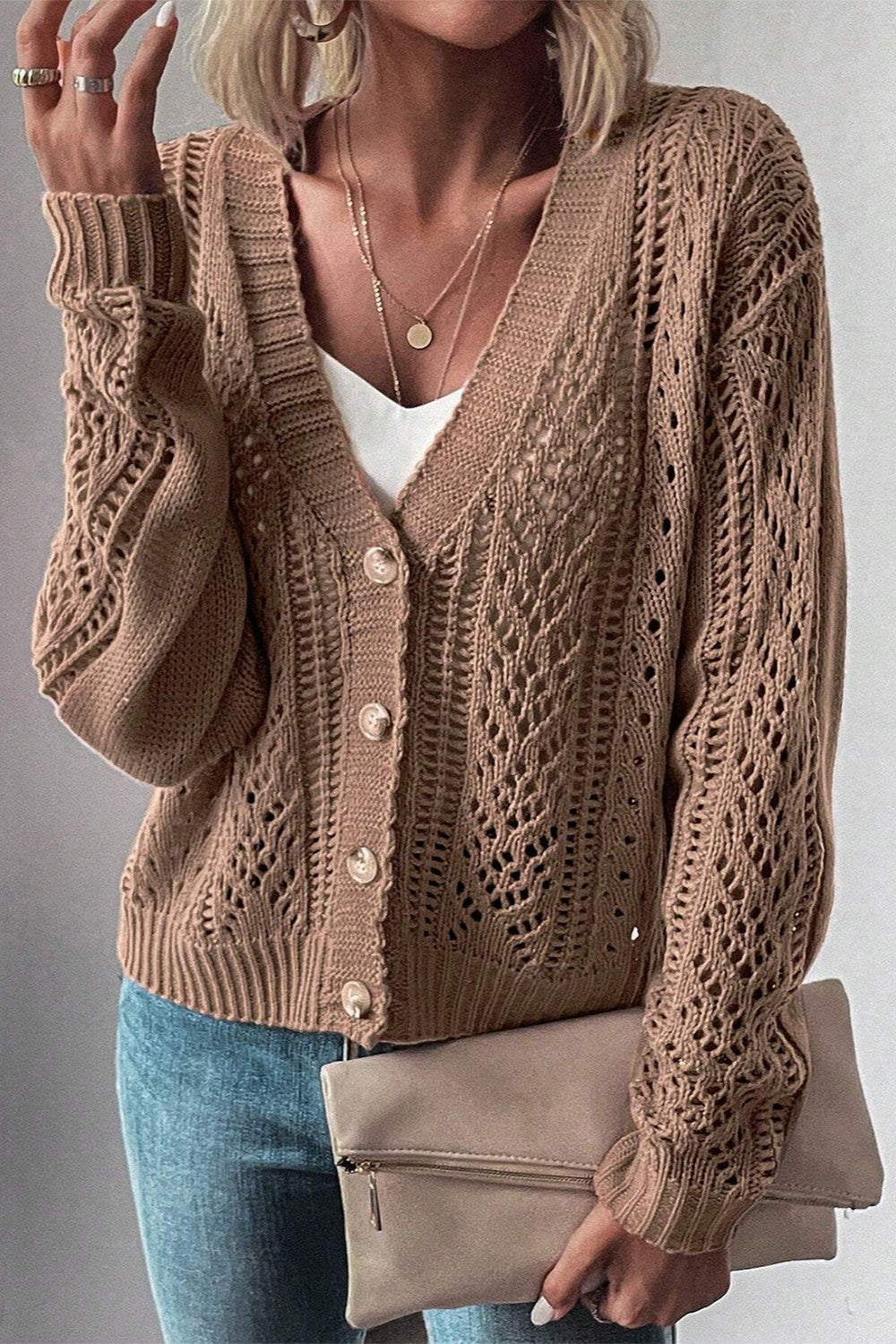 Openwork Button Up Long Sleeve Cardigan